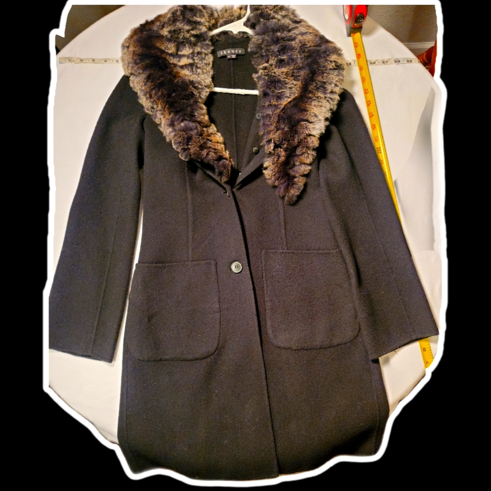 Theory - black/grey Pea Coat - Petite - 100% wool - Raccoon fur collar removable